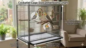 An illustrated chart showing the recommended minimum size and dimensions for a single cockatiel cage.