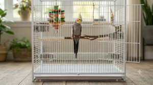 A yellow cockatiel sitting on a perch inside a wide cage showing plenty of space to prevent its long tail feathers from rubbing against the bars.