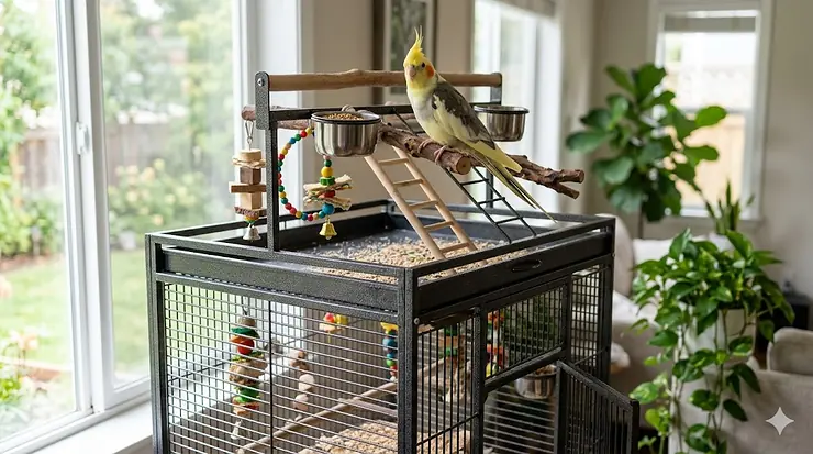 Large black wrought iron cockatiel cage with a built in play top gym featuring perches and food bowls.