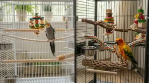 Diverse wood and rope perches with varying diameters inside a bird cage tailored for cockatiel feet and conure gripping habits.