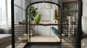 Interior view of a compact bird cage for apartment birds, showing optimized placement of perches, food bowls, and toys to prevent clutter.