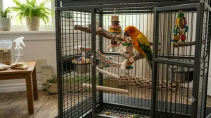 Interior view of a conure cage filled with heavy shredding toys and foraging blocks to keep energetic parrots busy.