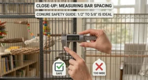 A detailed close-up demonstration of correct bar spacing on a bird cage measured with a ruler to ensure conure safety.