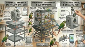 An advanced system infographic showcasing motorized self-cleaning waste trays, automatic pellet dispensers, and smartphone app pairing for conure habitat management.