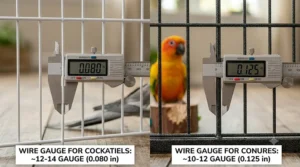 Close up illustration of thick heavy duty metal wire for strong conure beaks compared to thinner wire suitable for cockatiels.