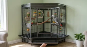 A space-saving corner African grey parrot cage positioned neatly in a room layout.
