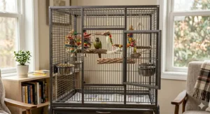 A space-saving corner bird cage perfectly fitted into a room corner housing a happy conure parrot.