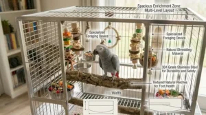 Illustration demonstrating the removal of the slide-out debris tray and seed guards on African Grey parrot cages.