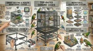 A detailed blueprint illustration of top rated conure cages with built-in multi-cage linking systems, integrated acoustic enrichment hubs, and digital health monitoring nesting boxes.