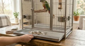 A close-up view of a hand easily sliding out the bottom cleaning tray of a modern bird cage.