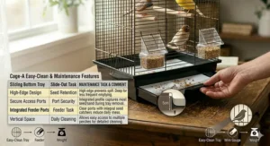 Close-up illustration of a slide-out bottom tray on an affordable small bird cage under 50 dollars for easy cleaning.