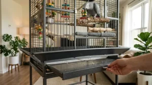 Slide-out tray feature of a cage for an African Grey, simplifying cleaning routines for a healthier pet lifespan.