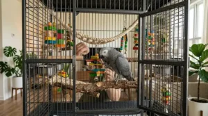 Interior view of a bird cage for an African Grey filled with mental enrichment toys to extend their health and lifespan.