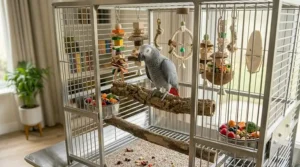 Close-up illustration of an escape-proof bird smart lock on heavy-duty African Grey parrot cages.