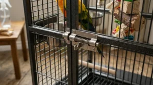 Close up of a heavy duty escape proof latch on a conure cage to prevent clever parrots from opening the door.