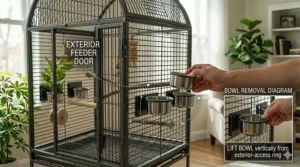 Illustration of independent exterior-access feeder doors with stainless steel bowls on a medium parrot cage.