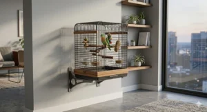 An illustration of a modern hanging bird cage safely mounted to an apartment wall, keeping floor surfaces entirely clear.