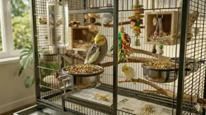 A happy cockatiel pair perched together inside a spacious and well ventilated flight cage filled with enrichment toys