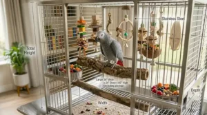 An interior setup guide for African Grey parrot cages showing the placement of perches, foraging toys, and water bowls.
