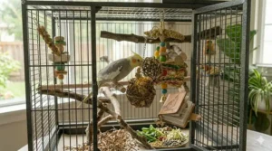 The inside layout of a spacious cockatiel cage featuring natural wood branches, cuttlebone, and foraging toys.