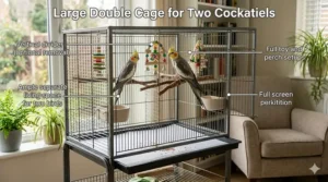 A large divided bird cage suitable for housing two cockatiels comfortably with plenty of room.