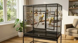 A spacious double cockatiel bird cage on a rolling stand positioned near a window in a bright living room