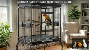 Infographic detailing the ideal width, height, and depth dimensions for a medium parrot cage.