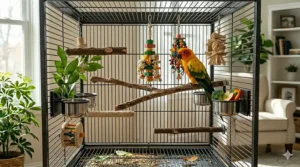 Diagram showing how to arrange natural wood perches and bird toys inside a medium parrot cage.