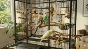 A double sized flight cage for cockatiels featuring a convenient bottom shelf for bird supply storage