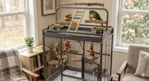 A premium powder-coated iron bird cage featuring an open play-top section with ladders and food bowls for a pet conure.