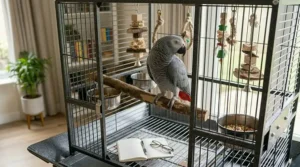 A heavy-duty playtop African Grey parrot cage featuring an exterior top perch and food bowls.