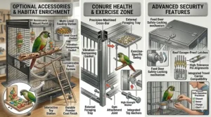 An instructional infographic highlighting interactive toy stations, an external foraging tray exercise zone, and advanced food door safety-locking mechanisms.