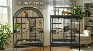 Side-by-side style comparison of a playtop and dome-top medium parrot cage design.