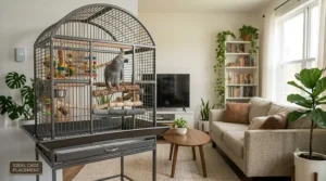 Optimal indoor placement of a cage for an African Grey to minimize stress and protect their lifespan.