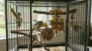 Heavy duty rolling bird cage stand with caster wheels and a bottom storage shelf holding bird food packages.