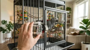 Close-up of correct bar spacing on a cage for an African Grey to prevent injury throughout their lifespan.