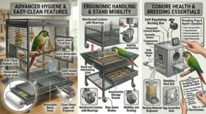A technical graphic showing advanced hygiene features like an anti-cling bottom tray alongside ergonomic cage stands with reinforced casters and brakes.