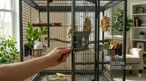 Detailed view of a bird-proof escape lock mechanism on the front door of a medium parrot cage.