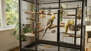 Interior view of a spacious cockatiel cage for 2 birds showing natural wood branches and multiple feeding bowls
