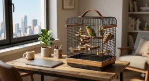 A portable tabletop compact bird cage for apartment dwellers, styled neatly on a kitchen counter or work desk.