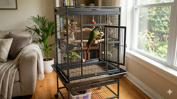 A top rated conure cage made of durable wrought iron, featuring a green cheek conure playing on a wooden perch inside a brightly lit living room.