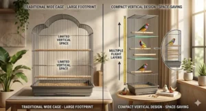A vertical, compact bird cage for apartment balconies or small rooms, showing how tall designs offer flight space without taking up a large footprint.