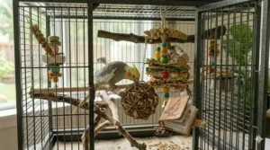 An elegant white wrought iron bird cage with an open play top design sitting in a living room corner.