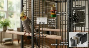 Close-up graphic emphasizing the safe half-inch bar spacing on a wrought iron cockatiel cage.