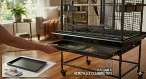 Diagram highlighting the removable debris tray and bottom mesh grate of a wrought iron cockatiel cage.