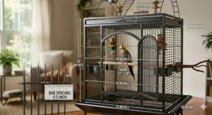Illustration showing the exact height and width measurements of a heavy duty wrought iron cockatiel cage.