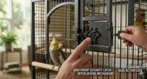 Detailed view of the bird-proof safety lock mechanism on the main door of a wrought iron cockatiel cage.