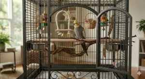 Layout idea for arranging natural wood perches and bird toys inside a large wrought iron cockatiel cage.