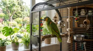 An Amazon parrot using its beak and feet to climb the properly spaced horizontal bars of its enclosure.