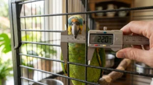An Amazon parrot looking through cage bars showing the ideal safe width to prevent the bird from getting its head stuck.